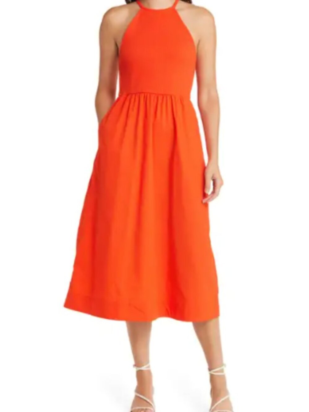 Boden Blood Orange Ribbed Halterneck Midi Dress Size 8
